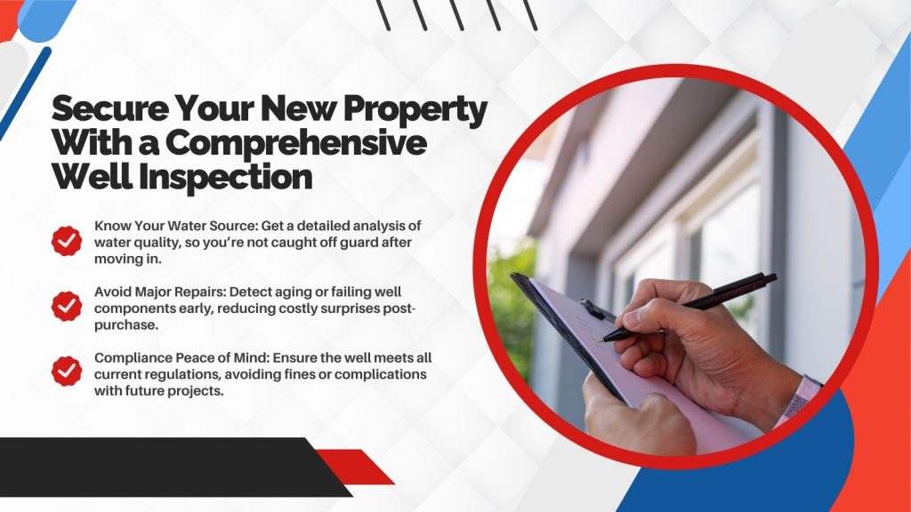 This image shows a person's hand with a clipboard checking off a list for a well inspection. The headline reads; Secure your new property with a comprehensive well inspection.